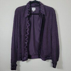 Vintage Chicos Beaded Embroidered Open Jacket Size L Purple Velvet Artsy Stateme